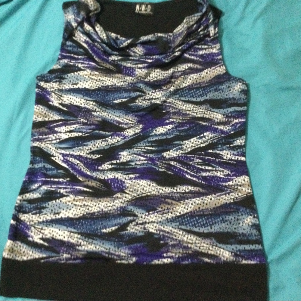 Blue and Black Sleeveless Blouse.